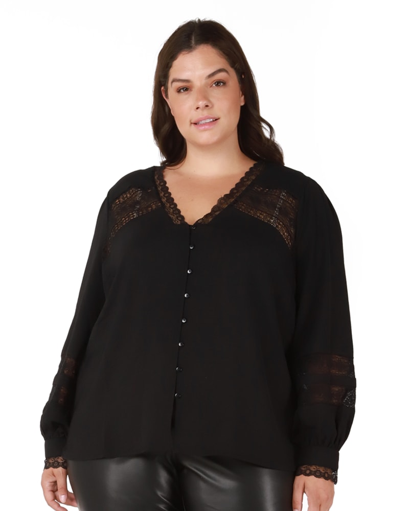 Front of a model wearing a size 0X Bridget Lace Insert Jacquard Blouse in Black by DEX PLUS. | dia_product_style_image_id:237853